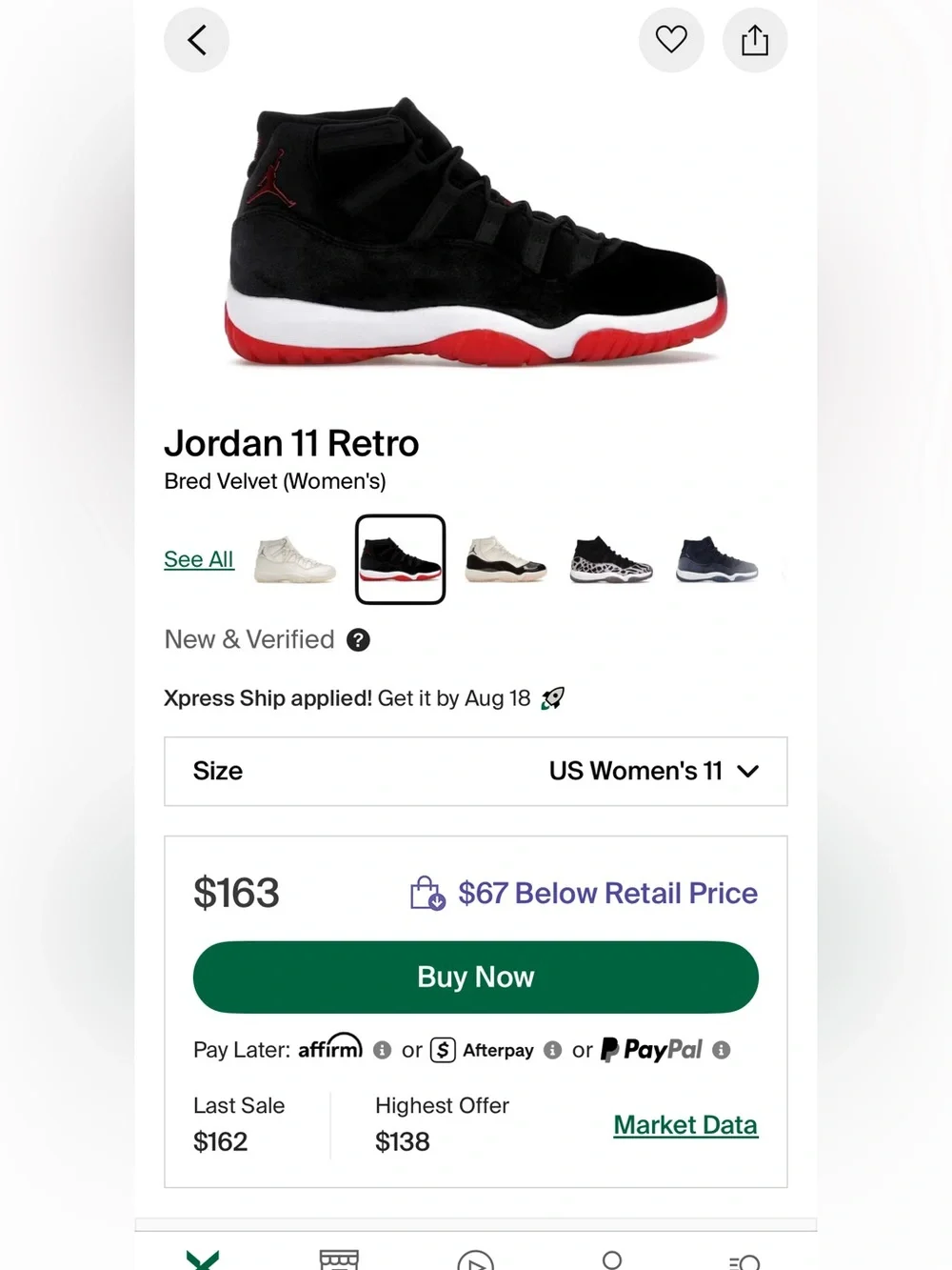 Air Jordan Retro 11 Bred Velvet Size 9.5